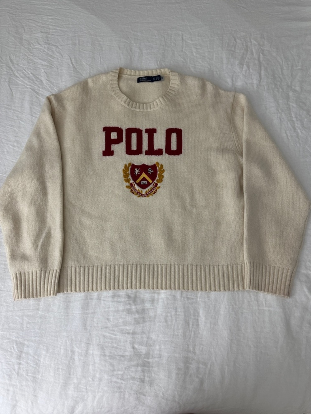 Polo by Ralph Lauren Cream Crewneck with Red Logo and Gold Crest Patch